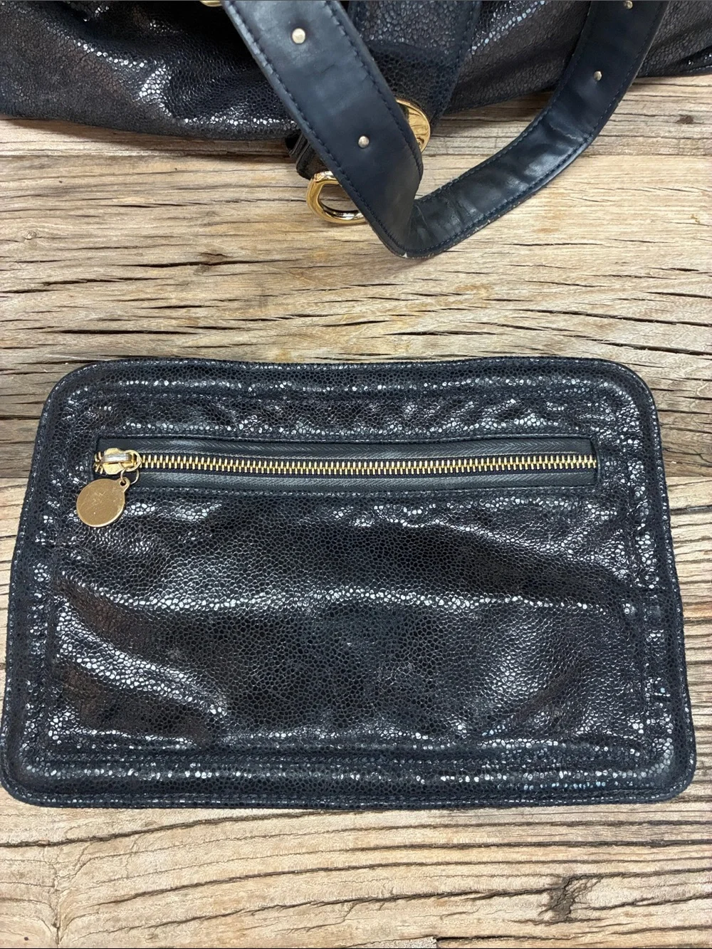 Stella McCartney Navy Blue Leather Tote Handbag Gold Hardware